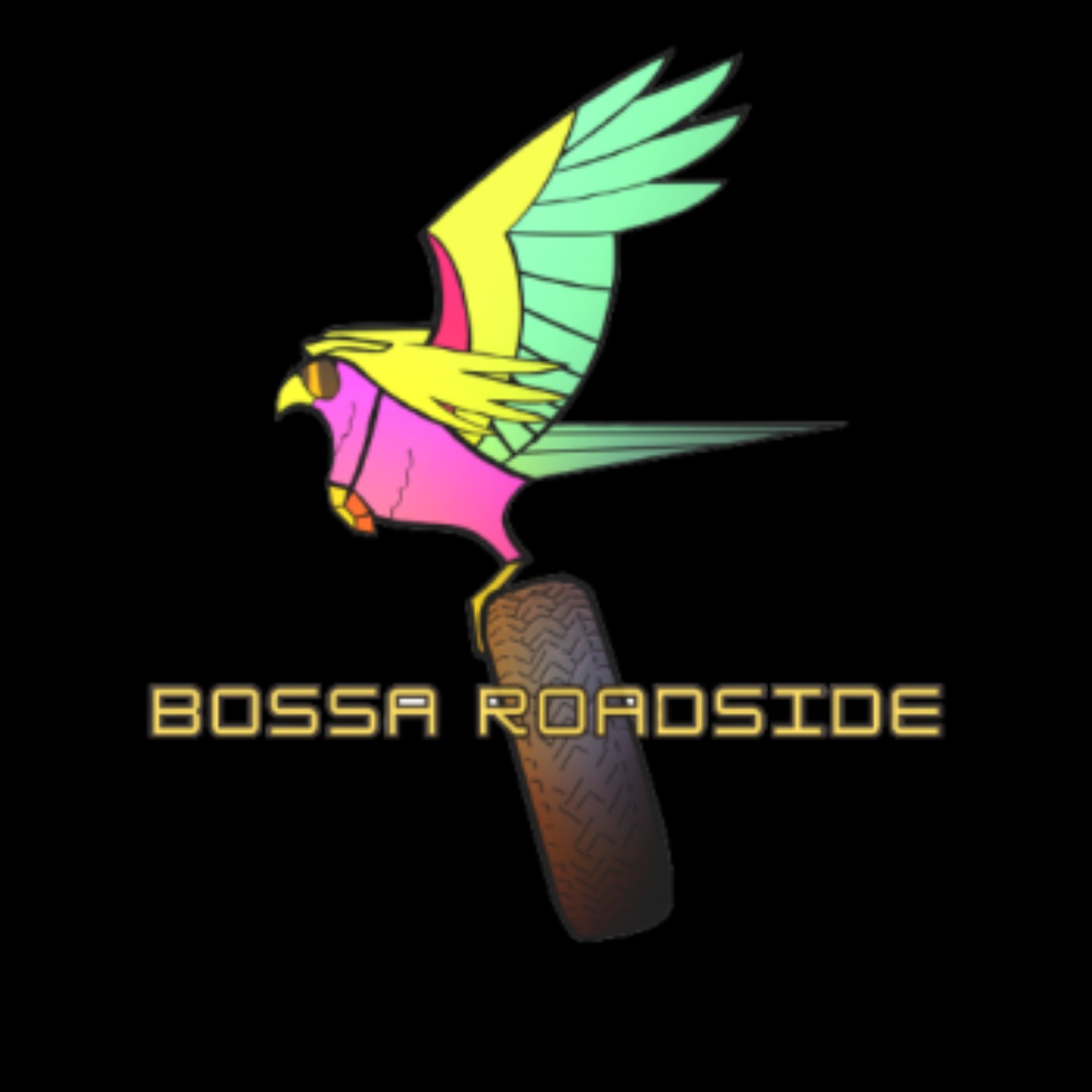 BOSSA parrot perched on a tire